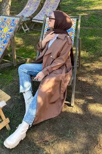 Lamelif Düğme Detaylı Trençkot Kahverengi