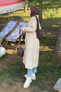 Lamelif Düğme Detaylı Trençkot Taş Rengi