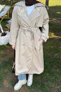 Lamelif Düğme Detaylı Trençkot Taş Rengi