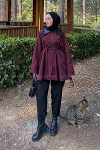 Lamelif Garni Yaka Trençkot Bordo