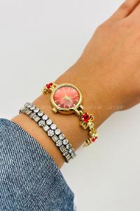 Lamelif Gold Kırmızı Yonca Kristal Taşlı Metal Kordon Kol Saati