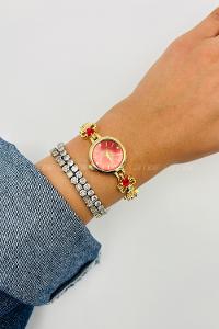 Lamelif Gold Kırmızı Yonca Kristal Taşlı Metal Kordon Kol Saati