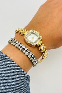 Lamelif Gold Kristal Taşlı Kol Saati