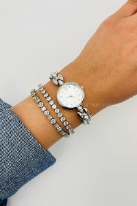 Lamelif Gümüş Vintage İnci Detaylı Metal Kordon Kol Saati