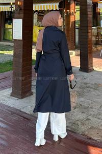 Lamelif Kuşaklı Omuz Apoletli Trençkot Lacivert