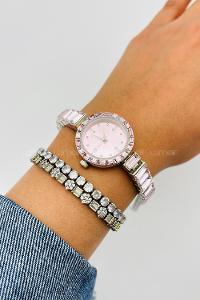 Lamelif Pembe Taş Detaylı Metal Kordon Kol Saati