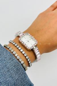 Lamelif Pembe Taş Detaylı Metal Kordon Kol Saati