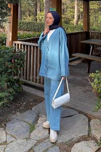 Lamelif V Yaka Düğmeli İkili Takım Açık Mavi