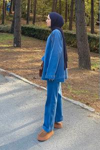 Lamelif V Yaka Düğmeli İkili Takım Kot Mavisi