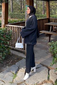 Lamelif V Yaka Düğmeli İkili Takım Siyah