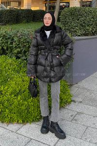 Lamelif Bağlama Detaylı Kürk Yaka Şişme Mont Siyah