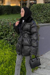 Lamelif Bağlama Detaylı Kürk Yaka Şişme Mont Siyah
