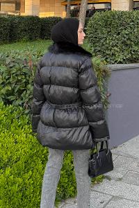 Lamelif Bağlama Detaylı Kürk Yaka Şişme Mont Siyah