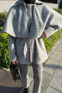 Lamelif Bağlama Detaylı Pelerinli Kaban Gri