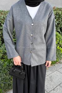 Lamelif Düğmeli V Yaka Ceket Antrasit