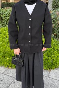 Lamelif Düğmeli V Yaka Ceket Siyah