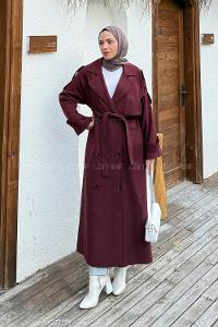 Claret Red Long Arm Lycra Polyester Trench Coat