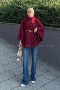 Lamelif Hakim Yaka Kemer Detaylı Kaşe Panço Bordo