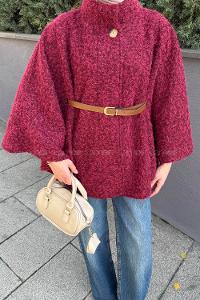 Lamelif Hakim Yaka Kemer Detaylı Kaşe Panço Bordo