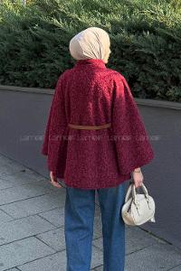 Lamelif Hakim Yaka Kemer Detaylı Kaşe Panço Bordo