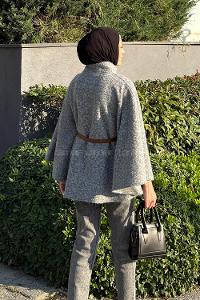 Lamelif Hakim Yaka Kemer Detaylı Kaşe Panço Gri