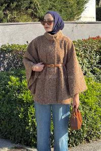 Lamelif Hakim Yaka Kemer Detaylı Kaşe Panço Kahve