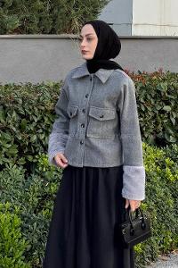 Gray Shirt Collar Long Arm Cotton Fabric Jacket