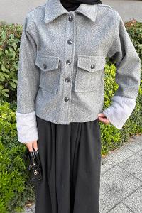 Gray Shirt Collar Long Arm Cotton Fabric Jacket