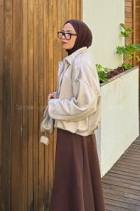 Cream Shirt Collar Long Arm Cotton Suede Polyester Jacket