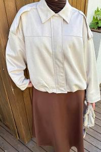 Cream Shirt Collar Long Arm Cotton Suede Polyester Jacket