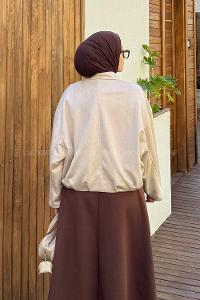 Cream Shirt Collar Long Arm Cotton Suede Polyester Jacket