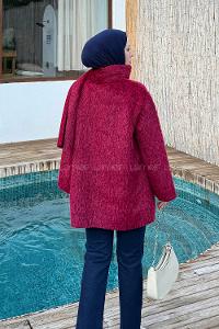 Lamelif Peluş Atkılı Mont Bordo