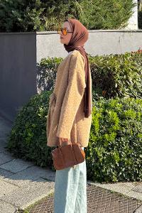 Lamelif Bağlama Detaylı V Yaka Mont  Camel