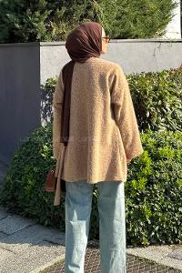 Lamelif Bağlama Detaylı V Yaka Mont  Camel