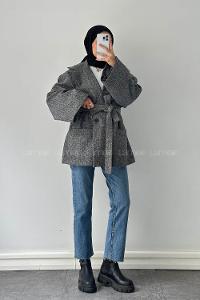 Lamelif Balıksırtı Desen Kaşe Kaban Gri