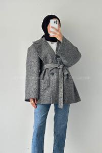 Lamelif Balıksırtı Desen Kaşe Kaban Gri