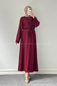 Lamelif Bel Tünel Detaylı Elbise Bordo