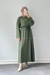 Lamelif Bel Tünel Detaylı Elbise Haki