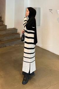 Lamelif Çizgi Detaylı Triko Elbise Bej