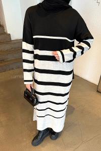 Lamelif Çizgi Detaylı Triko Elbise Bej