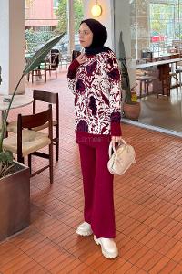 Lamelif Desenli Triko Takım Bordo