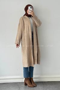 Lamelif Şal Yaka Uzun Triko Hırka Bej