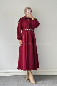 Lamelif Scuba Kemerli Elbise Bordo