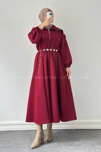 Lamelif Scuba Kemerli Elbise Bordo