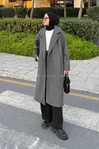 Lamelif Tek Düğmeli Kaşe Kaban Koyu Gri