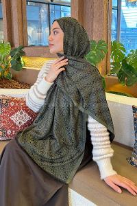 Lamelif Guess Desen Kaşmir Çift Taraflı Şal Haki