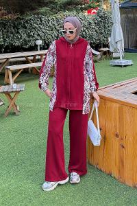 Claret Red Hood Neck Long Arm Cotton Regular Trousers Comfortable Suit