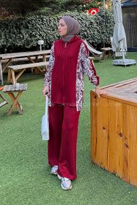 Claret Red Hood Neck Long Arm Cotton Regular Trousers Comfortable Suit