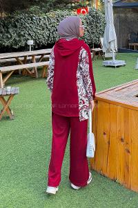 Claret Red Hood Neck Long Arm Cotton Regular Trousers Comfortable Suit