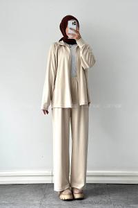 Cream Neckband Long Arm Cotton Lycra Regular Trousers Comfortable Suit